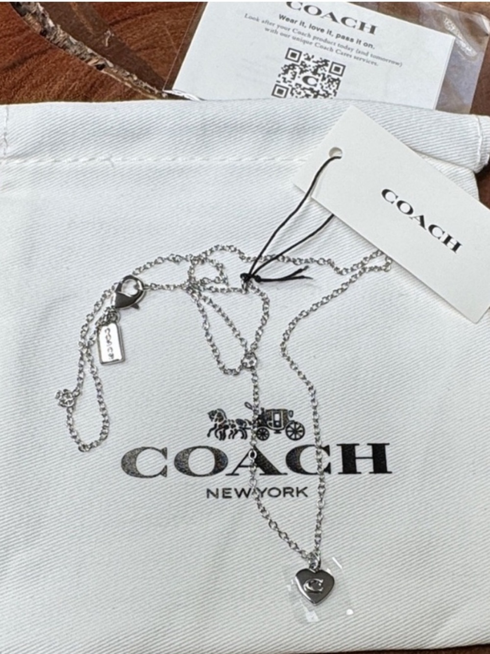 Coach Silver Tone Logo Heart Charm Necklace with Branded Pouch